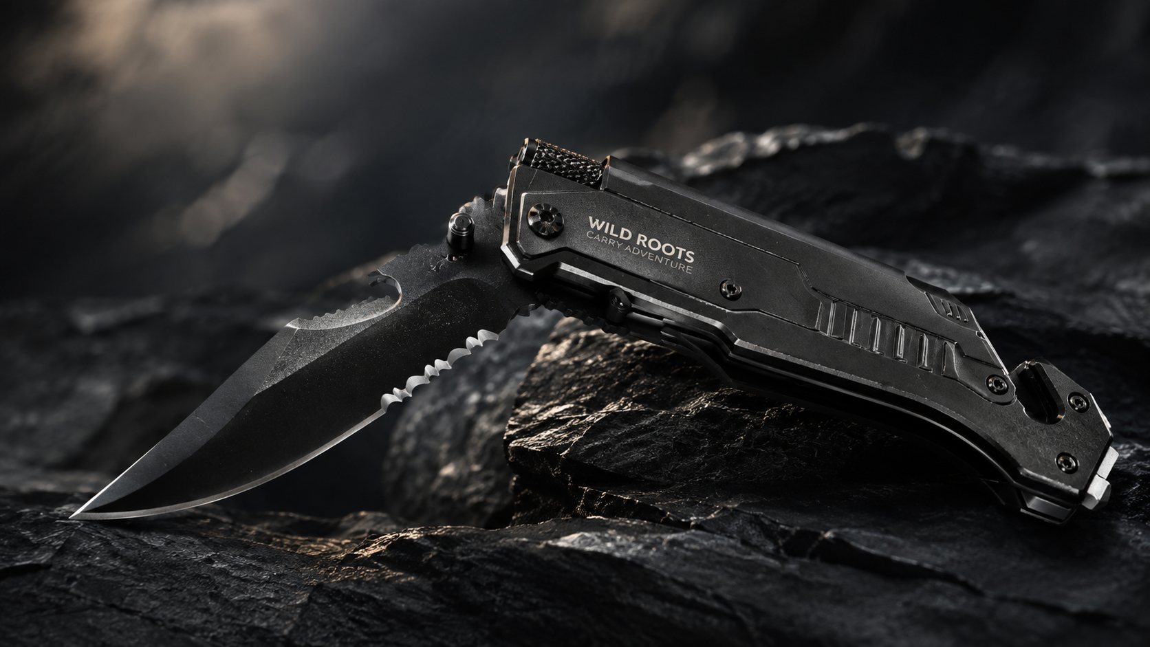 Premium dark-finish pocket knife on rock
